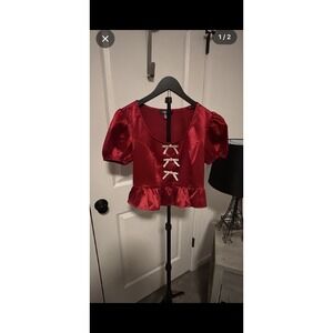 Crystal Sky Red Satin Rhinestone Bow Peplum Top Size S Puff Sleeve NWOT
